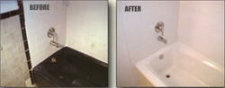Before and after photos of a refinishing of a tub and tile together